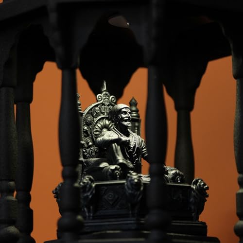 Image of SolarBasket Chhatrapati Shivaji Maharaj Meghdambari Statue Murti- Dark Gray Metal Meghdambari with Solar & USB Rechargeable LED Light- 12+ Hours Battery Backup- 18 cm x 18 cm x 27.5 cm- Sturdy Design