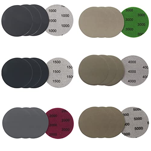 Momeski Lot de 24 papiers abrasifs 75 mm, grain 1000/1500/2000/3000/4000/5000 Tampons de ponçage ronds sans trou Disques abrasifs secs humides Ponceuse orbitale Papier abrasif pour voiture Métal Bois Cover