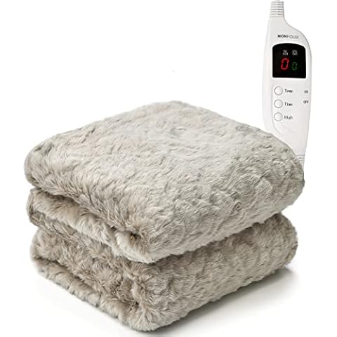 MONHOUSE Heated Throw - Electric Blanket - Digital Controller - Timer up to 9 hours, 9 Heat Settings, Auto Shutoff - Machine Washable - Single 130X160cm - FUR Cover