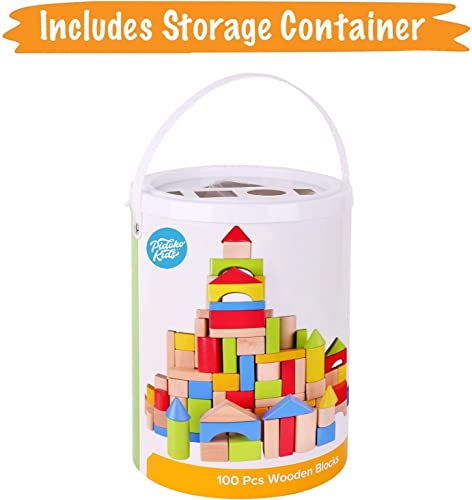 Pidoko Kids Wooden Blocks - 100 Pcs - Building Blocks For Toddlers - Includes Storage Container With Shape Sorter Top - Hardwood Plain & Colored Wood Blocks - Preschool Block Learning Toys #TOP6