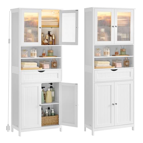VASAGLE Storage Cabinet with LED Lights, Freestanding Storage Unit with Adjustable Shelves, Drawer, Open Compartments, for Bathroom, Living Room, Kitchen, Cloud White UBBC767WH01S With Light