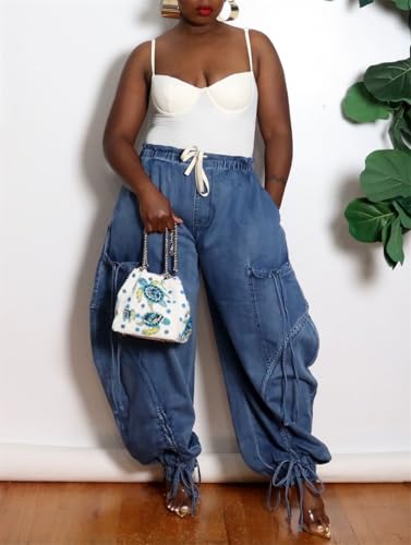 Cargo Jeans for Women High Waisted Drawstring Baggy Jogger Pants Loose Fit Denim Pant Sweatpants3