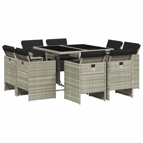 vidaXL Ensemble à Manger de Jardin avec Coussins 9 pcs, Chaises et Table de Patio, Meubles de Terrasse Extérieur, Gris Clair Résine Tressée