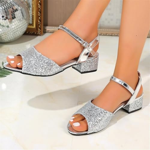 Women's Sequins Chunky Block Heel Sandals Summer Peep Toe Shoes with Buckle for Wedding Prom3