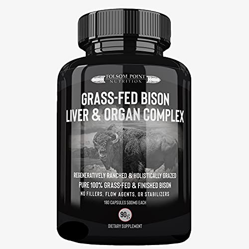 Folsom Point Nutrition 100percent Grass-fed Bison Liver Heart & Organ Complex | Desiccated Bison Liver Pill Supplement (Single Bottle) | All-American