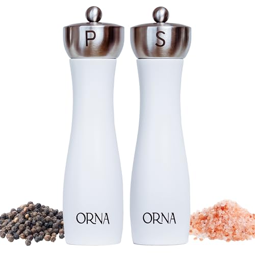 ORNA Salt and Pepper Grinder Set Wooden Pack of 2 – Refillable Adjustable Coarseness Manual Spice Mill Set in Gift Box – 8.5 in / 21.5 cm – White