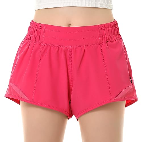 QooNoo Girls Athletic Shorts with Zipper Pocket Lightweight Elastic Waist Running Shorts for Teen Girls Kids Active Sports (Hot Pink,Small)