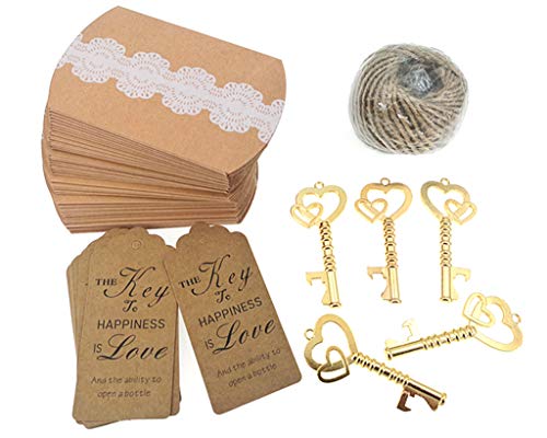 Alimitopia 50Pcs Double-Heart Key Bottle Opener Wedding Party Favor Souvenir Gift With Candy Box Escort Tag And Jute Rope(Gold Tone) #TOP1