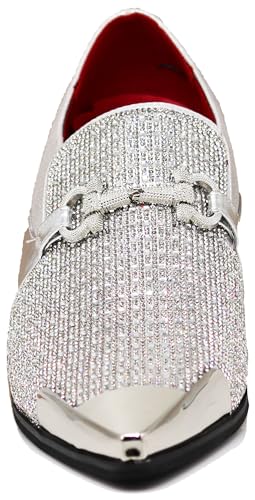 Image of Enzo Romeo Crisino Men Rhinestone Chrome Toe Suede Pointy Buckle Dress Loafer Slip On Shoes (Silver 03, US Footwear Size System, Adult, Men, Numeric, Medium, 11)
