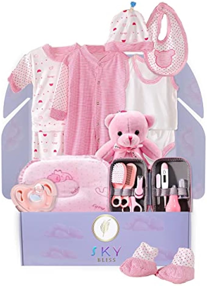 Sky Bliss 20 Piece Baby Gift Set (Pink), Newborn Baby Gift Set, Baby Clothes, Teddy Bear, Pacifier, Baby Grooming kit, Gifts for a New Baby Girl, Baby Girl Newborn Essentials