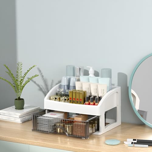 Image of HoopVool Desk Makeup Organizer, White Plastic Storage Box with Sliding Drawer, Stylish Display Case for Cosmetics, Lotion, Nail Polish, Brushes, and Jewelry, 1-Layer