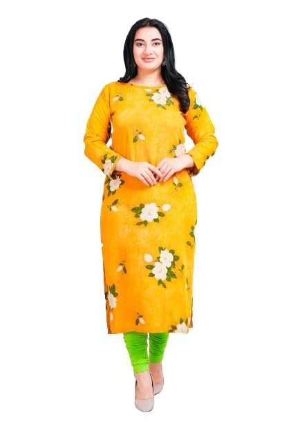 Image of Women Modal Cotton Kurti | Frill On Boat Neck, Print Highlighted with zari and Pearl Work | Straight Kurti | Boat Neck |Three Fourth Designer Sleeves