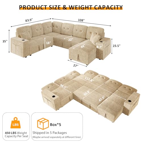 Image of Modular Sectional Sleeper Sofa with Pull Out Bed, 108 Inch U Shaped 7 Seat Couches for Living Room, Chenille Fabric Cloud Couch Bed with Storage & Reclining Backrest, USB Charging, Khaki