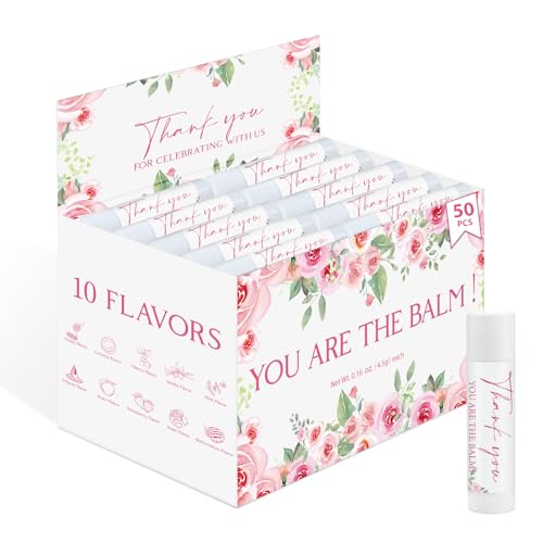 Image of 50 Pack Moisturizing Lip Balms in Bulk Pink Floral Flower Wedding Gifts Reception Ideas It's a Girl Baby Shower Party Favors Thank You For Celebrating With Us Return Gift You Are The Balm
