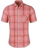 Mens Casual Regular Fit Short Sleeve Button Down Plaid Checked Shirts Coral-02, XL