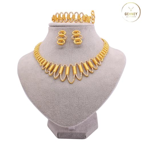 Image of GEHNEY joy of jewels 24k Gold Plated Choker Jewellery Set for Women - Earrings Ring & Bracelet Gold Necklace Set for Women Stylish - Bridal Necklaces for Women Golden with Cubic Zirconia CZ Stones