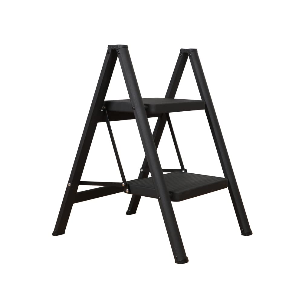 Hershii Black Lightweight Step Ladder 2 Step Folding Stool Heavy Duty Stepladder with Wide Anti-Slip Pedal Home Kitchen Plant Stand Ladders Shelf Bookcase Storage Rack