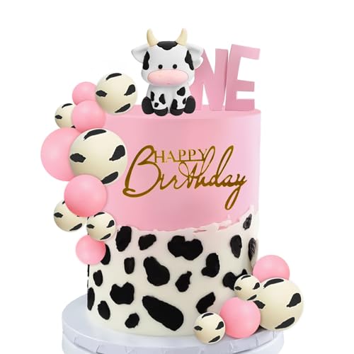 MEMOVAN Decoración para tartas de vaca, 14 piezas, decoración para tartas de vaca de granja con figuras en miniatura de vaca, bola de impresión de vaca para niña, temática de granja, baby shower,