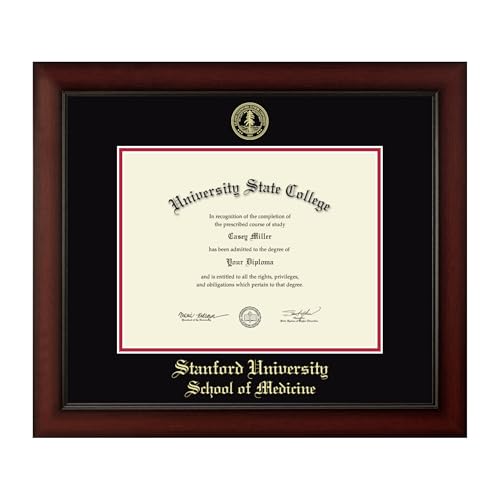 Framerly - Stanford University School of Medicine 11' w x 8.5' h Diploma Frame - Fits a bachelor's, master's and phd - Gold Embossed Diploma Frame - Cherry Moulding with Black and Red Matting