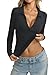 Womens Cotton Polo Collared Shirt Long Sleeve Sexy Deep V Neck Top Button Up Slim Fitted Tee Business Casual Outfit Black XS