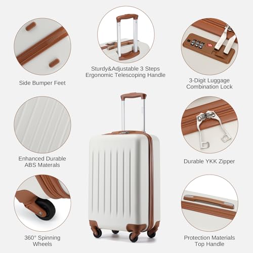 Kono 20-Inch Small Hardside Carry-on Suitcase with Spinner Wheels, Lightweight Rolling Cabin Suitcase for Airplane Travel (Cream White, for 1-3 Days of Travel) - Thumbnail 6