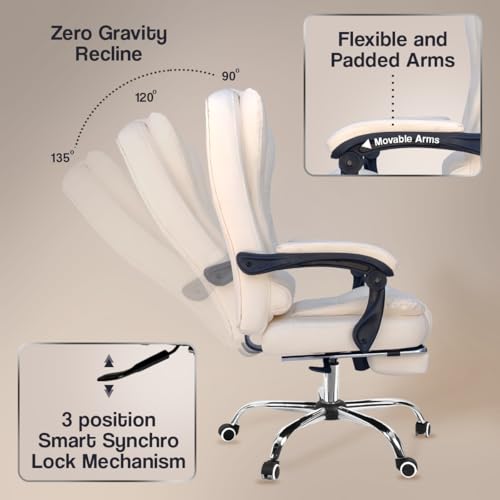 Image of Kepler Brooks Italia Premium Leatherette Office Chair for Work | 3-Years Warranty | Boss Chair for Office, Ergonomic Executive Chair, Cushioned Arms & Seat, Leg Rest,Heavy Duty Metal Base (Off White)