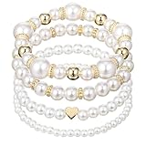 Mabor Pearl Bracelets for Women, White Gold Elegant Faux Pearl Beaded Bracelet Stackable Stretch Multilayered Elastic Pearls Bracelets for Bridesmaid Bridal Wedding Jewelry