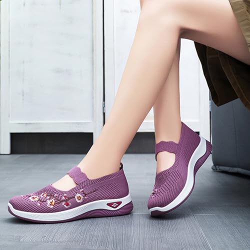 Womens Embroidered Flower Shoes Slip On Knit Flat Loafers Woven Orthopedic Casual Breathable Soft Sole Sneakers Arch Support Stretch Mesh Platform Comfortable Walking Nurse Shoe3