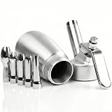 250ML Aluminum Whipped Cream Dispenser Leak-Proof Whip Cream Maker Canister with Cleaning Brush and 5 Stainless Steel Decorating Nozzles (Silver)