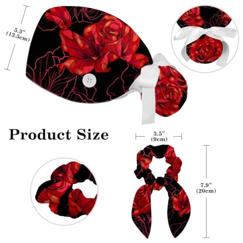 Image of Red Blooming Rose Flowers Black Working Cap with Scrunchy and Ribbon Tie for Women, Long Hair