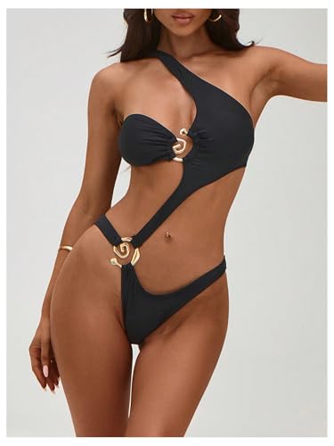 SHENHE Women's Sexy One Piece Bathing Suit One Shoulder Ruched Metal Ring Cut Out Monokini Swimsuit4