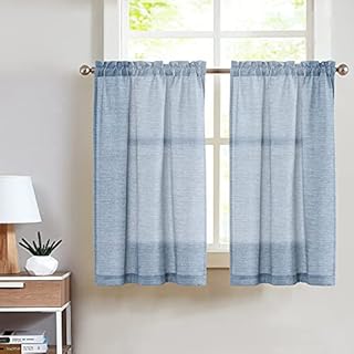 TOPICK Kitchen Curtains Blue 24 Inch Drop Linen Curtains Cafe Curtains Small Window Half Flax Curtains Short Rustic Style Curtains Rod Pocket for Basement Laundry Room Sink Camper Cabinet 2 Panels