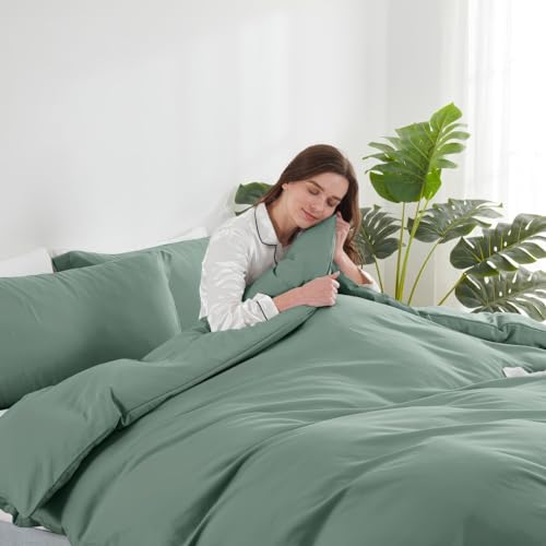 Image of Hearth & Harbor Sage Green Duvet Cover Queen Size, 3 Piece Bedding Set | Soft Double Brushed Bedding Set, Button Closure, 1 Duvet Cover 90x90 Inches, 2 Pillow Shams