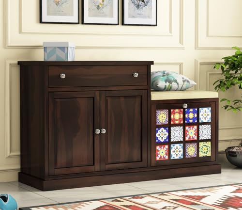 Image of The Attic Lewiston Shoerack, Shoe Storage Cabinet for Home, Shoe Rack with Seat & Door, Shoe Organizer, Shoe Rack for Home, Walnut Matte Finish