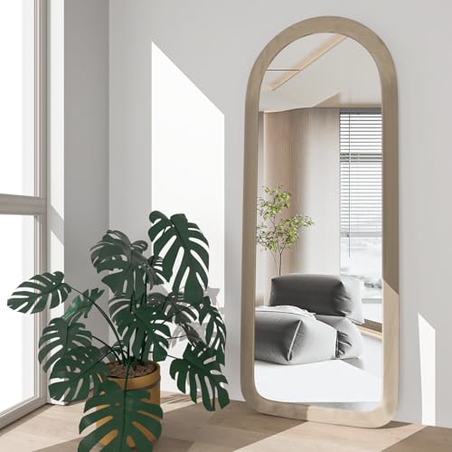NEUWEABY Full Length Mirror 56x20 Arch Floor Mirror with Stand Arched Full Body Mirror Standing Hanging or Leaning Against Wall for Bedroom Flannel Wrapped Wooden Frame Milk Tea
