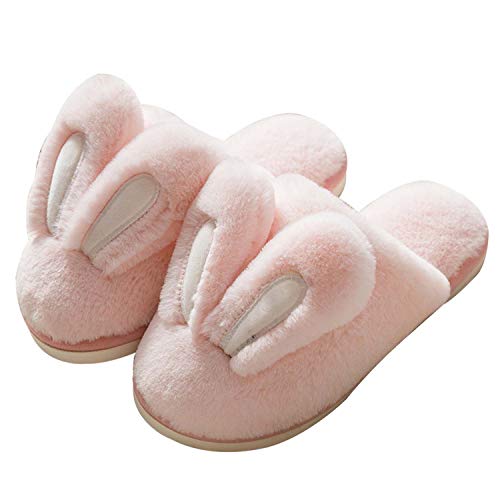 Hopelong Women Slippers, Cute Rabbit Ears Plush House Slippers for Women,Non-Slip Fluffy Slippers Indoor Warm Plush Animal Slippers Pink