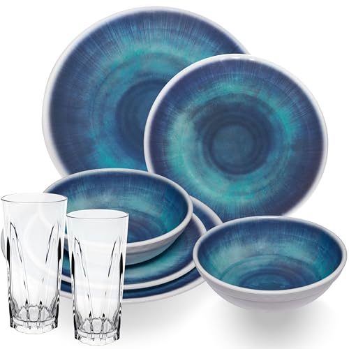 Jesolo Vaisselle en mélamine pour 2 personnes – 8 pièces – avec verre transparent 450 ml en céramique acrylique aspect grès lavable au lave-vaisselle – Accessoires de camping, caravane, camping