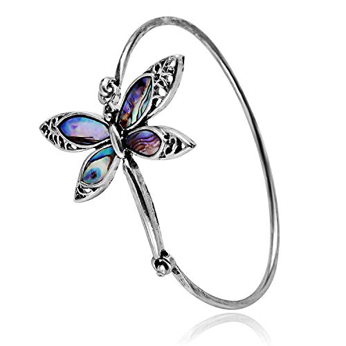 Image of Exquisite Dragonfly Charm Bracelet Abalone Shell Bangle Cuff Antique Silver