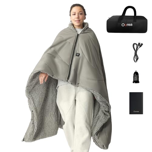 Ourea 12V Battery Operated Heated Blanket Cordless Electric Blanket with 20000mAh Power Bank Portable Heated Throw for Outdoor Camping Car Stadium Travel Home Sherpa Fleece Grey