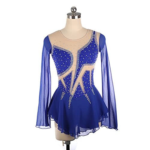 Robe patinage artistique bleue S en strass brillants et manches longues