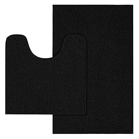 MAYSHINE Bathroom Rug Set | Soft Plush Chenille Bath Mats with PVC Non-Slip Backing, Absorbent Washable Quick Dry Area Rug Sets for Bathroom Floor | 32"x20" and 20"x20" Set | Black Cover