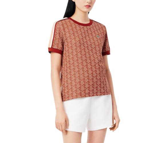 Lacoste Women's Slim Fit Monogram Jacquard T-Shirt, Iberis Red/Latte, 0