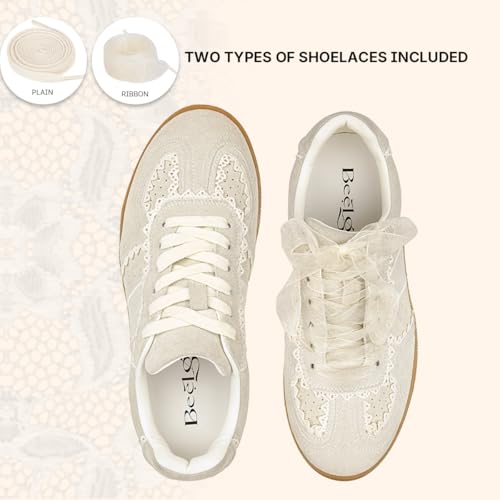 Image of Casual Sneakers for Women Lace Detail Elegant Ribbon Lace-Up Fashion Sneakers with Leather Upper Memory Foam Insole and Trendy Casual Shoes for Women