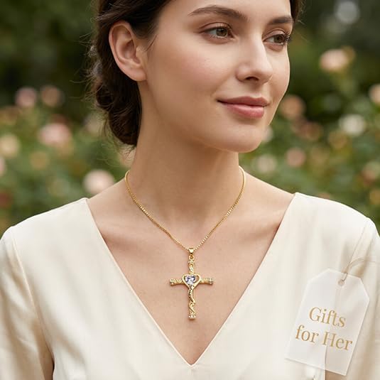 Birthstone Cross Necklace for Women, Heart Cross 14K Gold /18K White Gold /Rose Gold Womens Pendant Necklace I Love You Jewelry Anniversary Birthday Christmas Gifts for Her Mom Wife Girlfriend