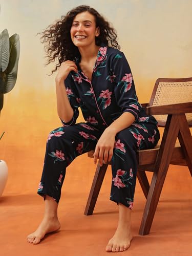 Image of Clovia Women's Cotton Printed Button Down Shirt & Pyjama Night Suit Set