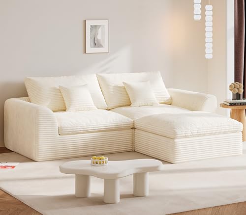 Image of Boneless Couch 91 inch Cloud Sofa 3-Seater Sectional Couches for Living Room, L-Shape Sofa with Ottoman, Comfy Flannel Fabric Oversized Loveseat Recliner Lounge Chaise with 2 Throw Pillow (Beige)