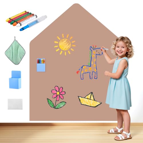 Tableau magnétique pour enfant - 100 x 80 cm - Autocollant - En forme de maison - Avec couleurs pastel et craies - Tableau magnétique Montessori pour filles...