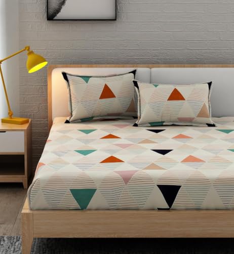 Image of 380 TC Premium Glace Cotton Elastic Fitted Bedsheet King Size with 2 Pillow Covers King Size | Double Bed with All Around Elastic (WHITETG, Fitted - 72 inchx78 inch King)