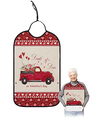 LEOKOTI Valentines Adult Bibs for Eating, Waterproof Bibs with Food Catcher & Adjustable Snap Closure, Red Checkered Truck with Flower Love Heart Clothing Protectors Adult Bibs for Elderly Women/Men