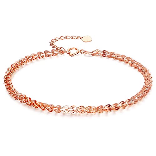 Solid 18K Rose Gold Bracelets For Women Real Gold, Thin Link Chain Rope Bangle Bracelets Gift For Girl Couple Lover Mom Teen , Pink Red Pure Gold Small Fine Jewelry For Anniversary Wedding, 6 To 7.3 Inches Dainty Adjustable Tennis Hand Delicate #TOP23